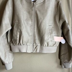 Oatmeal Bomber Jacket with Cropped Length and Relaxed Fit